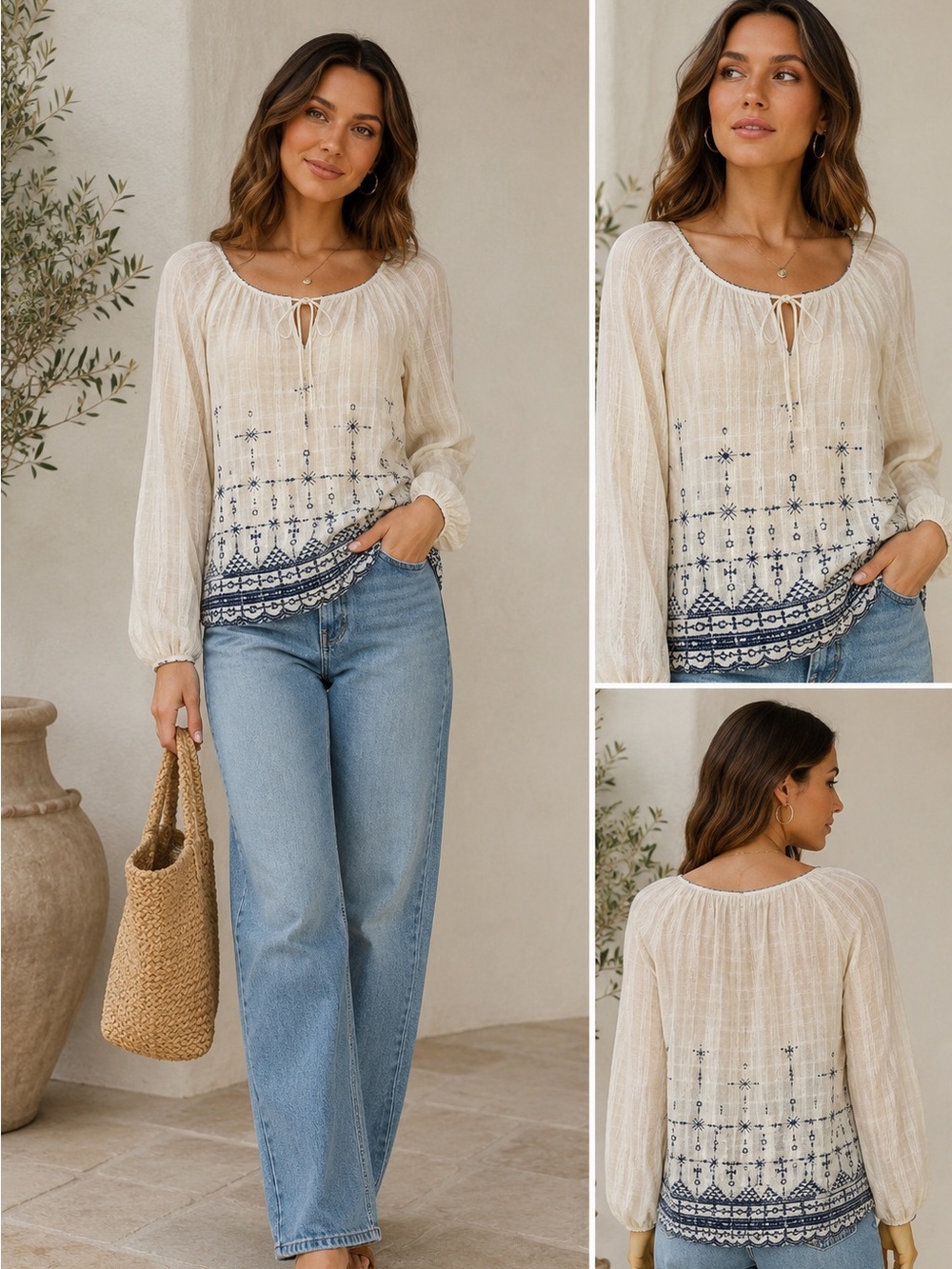 Max Studio Cream Blue Embroidered Tie Front Peasant Boho Blouse